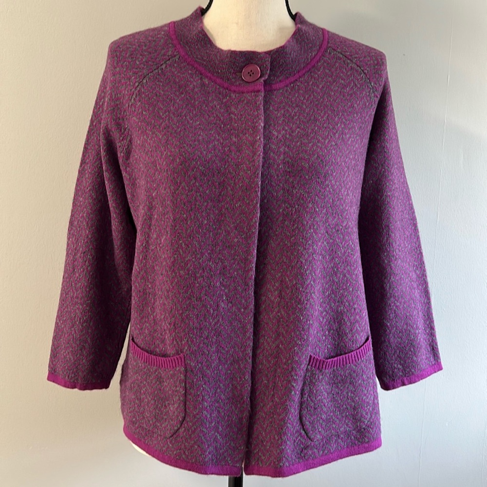 Talbots Wool Blend Cardigan Sweater in Purple & Grey Herringbone